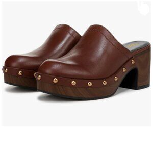 YDN Brown Rounded Toe Studded Clogs Mules Platform Slip On Block Heel Sandals